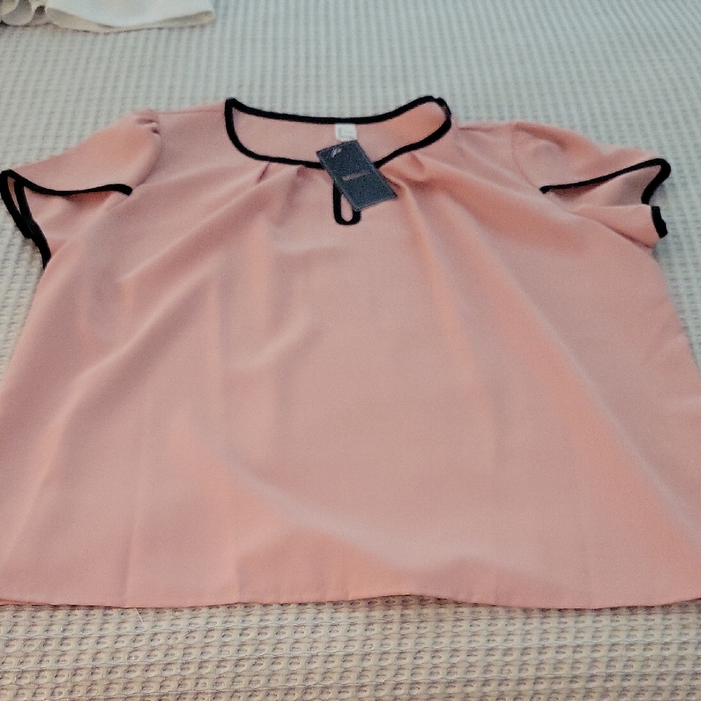 Chic Pink Blouse with Black Trim